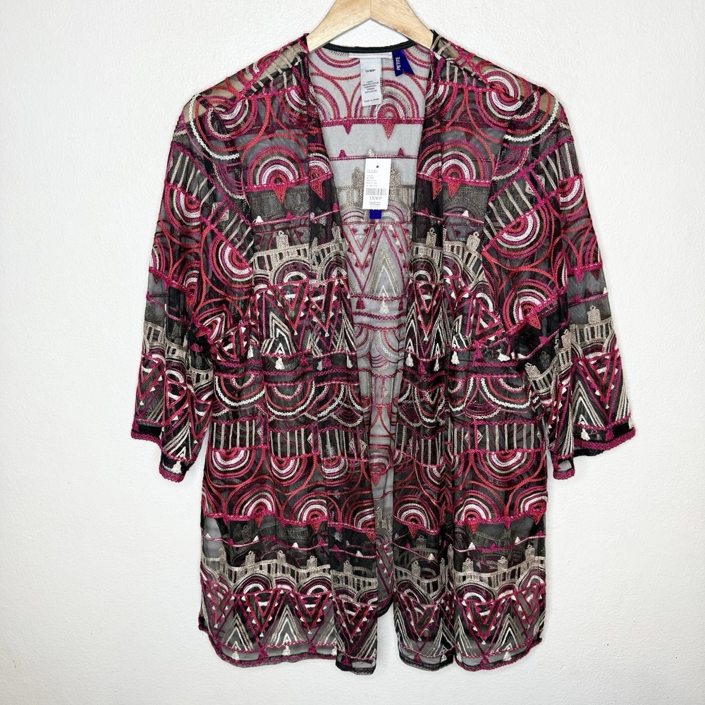 New Catherines Open Front Cardigan Pink Black‎ Embroidered Women's 1XWP Sheer